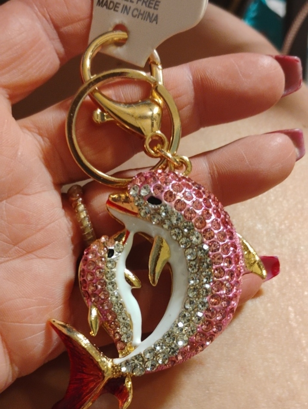 Gold-Tone Pink Crystal Dolphin Keychain Charm - Women Jewelry